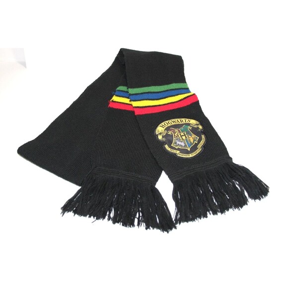 Harry Potter Hogwarts House Crests Patch 4 Stripes Black Fringed Scarf  66" - Picture 1 of 2